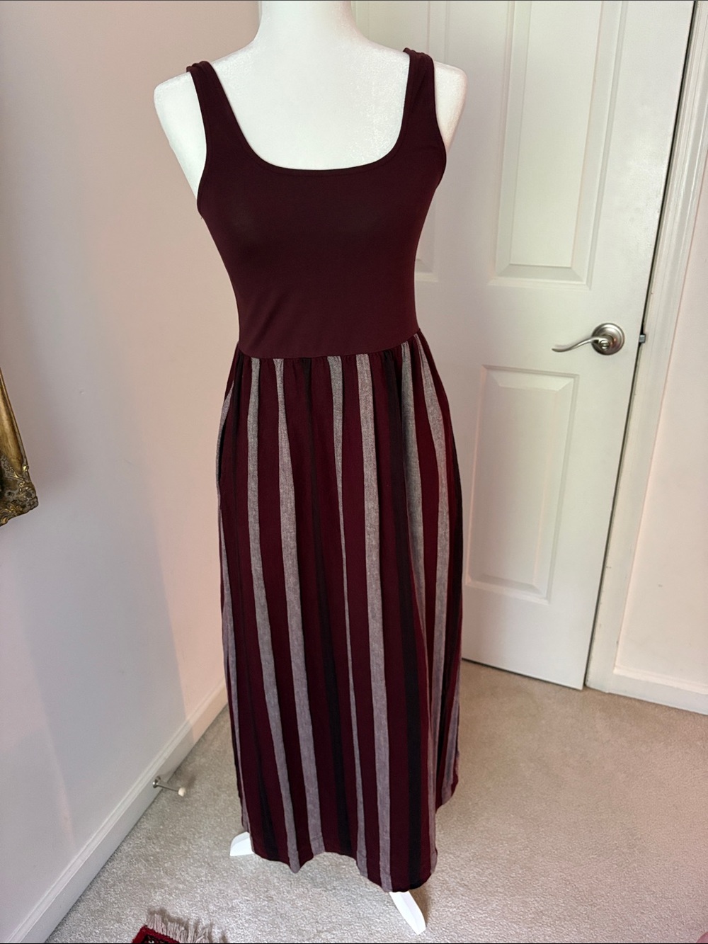 Lou & Grey Sleeveless Burgundy Maxi with Gray Stripe Skirt